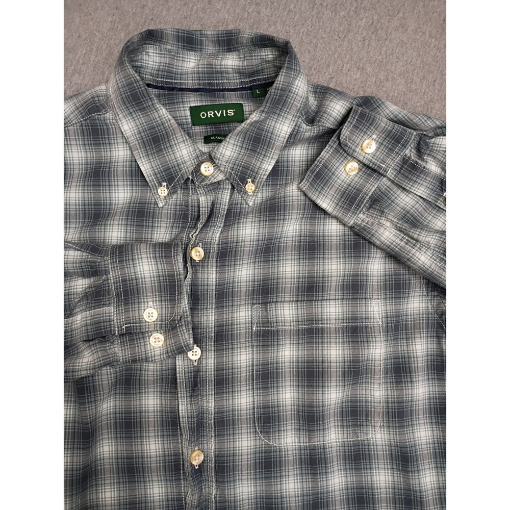 Orvis Mens Large Grey White Plaid Cotton Lyocell Button Down Shirt Classic Fit